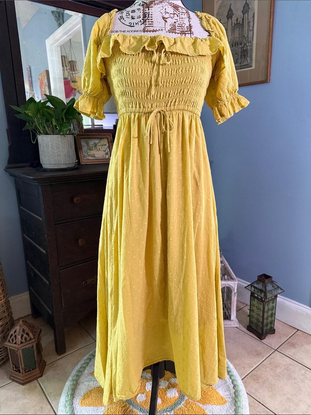 R. Yiposha Yellow Chartreuse Swiss Dot Smocked Puff Sleeve Off Shoulder Dress - Picture 2 of 13